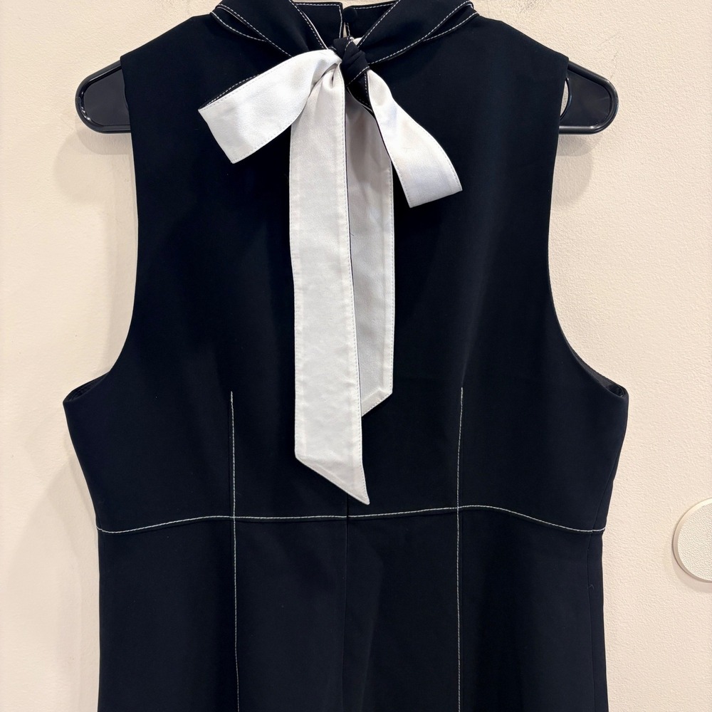 Cinq a Sept Angie Dress Black White Contrast Stitch Bow Neck Mini Dress 14 Retro - Picture 7 of 10